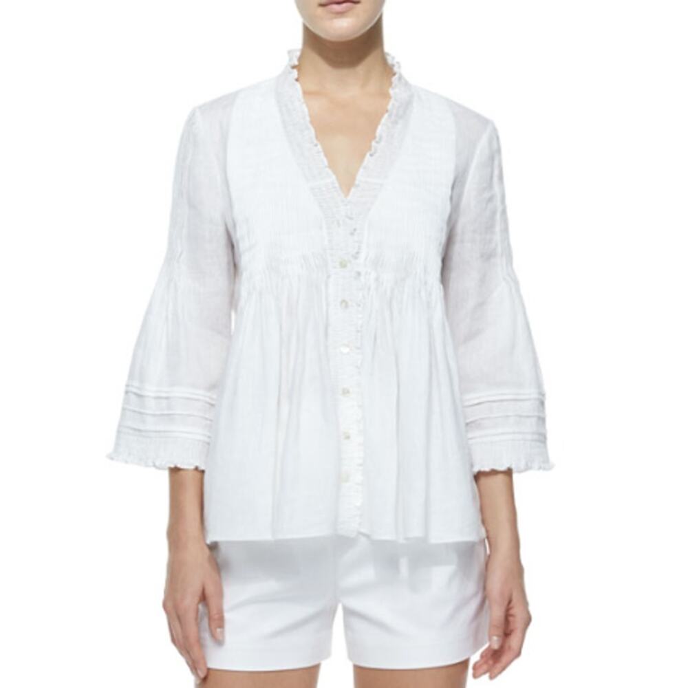 Diane Von Furstenberg Layla Button Up Linen Ruffle-Trim Top 6